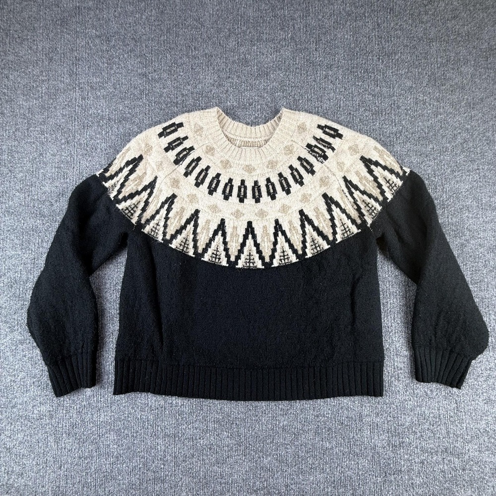 Lucky Brand Sweater Womens Medium Black Fair Isle Knit Crewneck Pullover Top